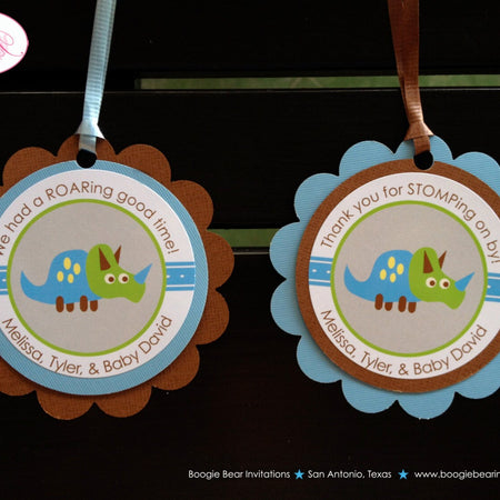 Blue Dinosaur Baby Shower Favor Tags Boy Girl Little Party Blue Brown Green Yellow Dino Stomp Roar Boogie Bear Invitations Melissa Theme