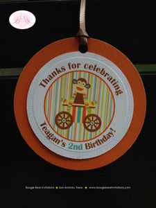Sock Monkey Birthday Party Favor Tags Boy Girl Brown Orange Teal Lime Green Blue Retro Wild Zoo Animals Boogie Bear Invitations Teagan Theme