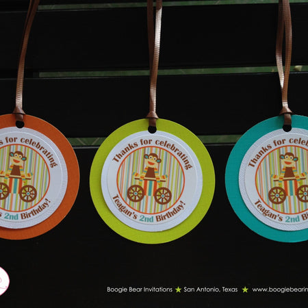 Sock Monkey Birthday Party Favor Tags Boy Girl Brown Orange Teal Lime Green Blue Retro Wild Zoo Animals Boogie Bear Invitations Teagan Theme