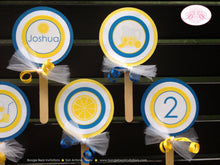 Load image into Gallery viewer, Lemonade Birthday Party Cupcake Toppers Stand Summer Blue Yellow Lemon Boy Girl Refreshing Farm Country Boogie Bear Invitations Joshua Theme