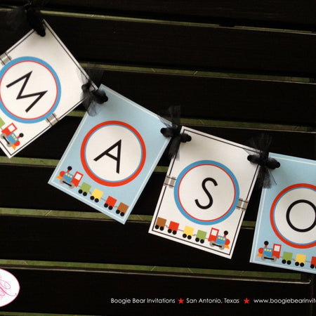 Choo Choo Train Birthday Party Banner Blocks Girl Boy Red Yellow Green Blue Cars Tracks Toy Railroad Boogie Bear Invitations Mason Theme