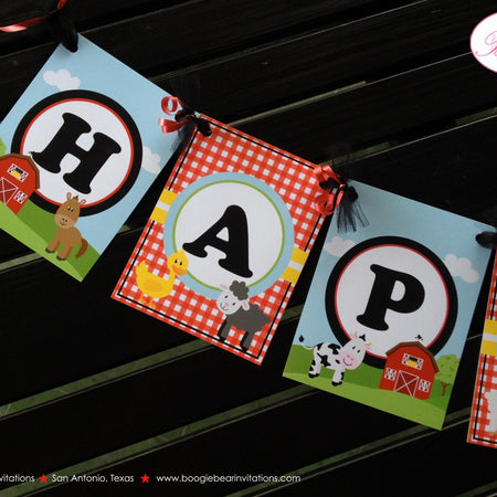 Farm Animals Birthday Party Banner Happy Petting Zoo Fall Barn Girl Boy Gingham Country Horse Cow Pig Boogie Bear Invitations Peyton Theme