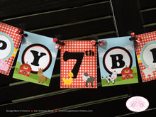 Load image into Gallery viewer, Farm Animals Birthday Party Banner Happy Petting Zoo Fall Barn Girl Boy Gingham Country Horse Cow Pig Boogie Bear Invitations Peyton Theme