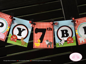 Farm Animals Birthday Party Banner Happy Petting Zoo Fall Barn Girl Boy Gingham Country Horse Cow Pig Boogie Bear Invitations Peyton Theme