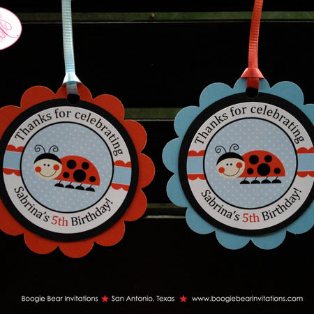 Ladybug Birthday Party Favor Tags Red Blue Flower Girl Boy Lady Bug Garden Picnic Outdoor Flower Black Boogie Bear Invitations Sabrina Theme