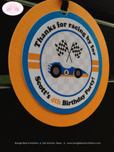 Load image into Gallery viewer, Race Car Birthday Party Favor Tags Blue Orange Circle Driver Boy Girl Formula One Pit Crew Racing Track Boogie Bear Invitations Scott Theme