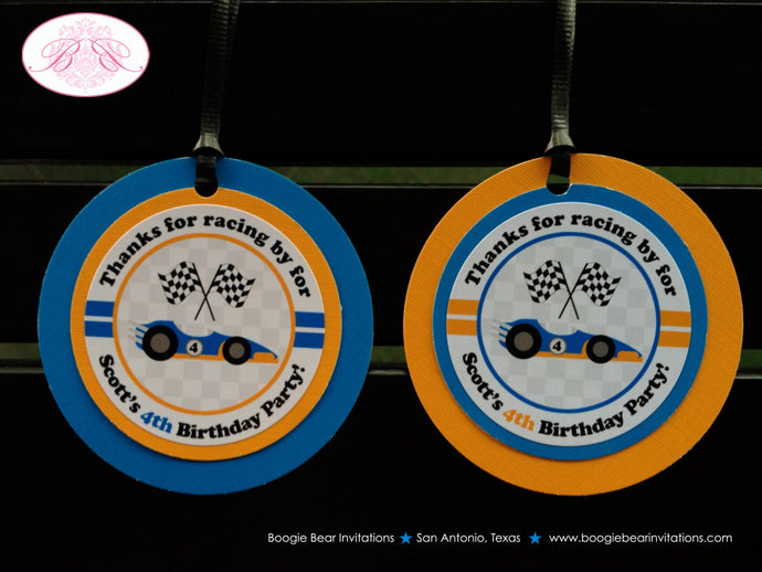 Race Car Birthday Party Favor Tags Blue Orange Circle Driver Boy Girl Formula One Pit Crew Racing Track Boogie Bear Invitations Scott Theme