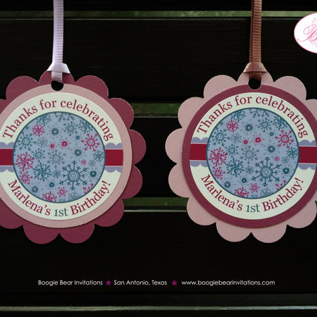 Snowflake Birthday Party Favor Tags Winter Christmas Girl Blue Pink Purple Little Snowflake Holiday Boogie Bear Invitations Marlena Theme