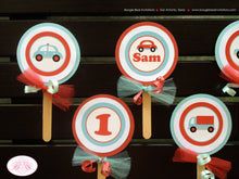 Load image into Gallery viewer, Cars Trucks Party Cupcake Toppers Birthday Boy Girl Red Aqua Blue Black Little Toy Honk Beep Road Trip Kid Boogie Bear Invitations Sam Theme