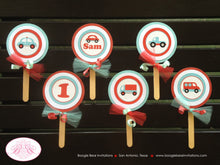 Load image into Gallery viewer, Cars Trucks Party Cupcake Toppers Birthday Boy Girl Red Aqua Blue Black Little Toy Honk Beep Road Trip Kid Boogie Bear Invitations Sam Theme