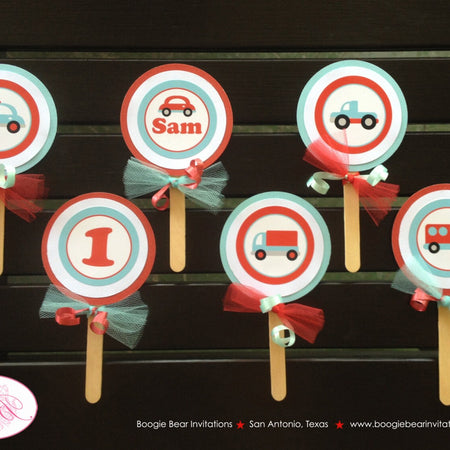 Cars Trucks Party Cupcake Toppers Birthday Boy Girl Red Aqua Blue Black Little Toy Honk Beep Road Trip Kid Boogie Bear Invitations Sam Theme