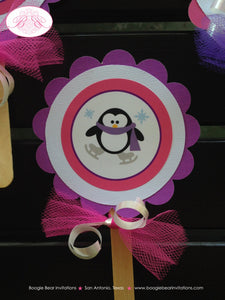 Ice Skating Penguin Cupcake Toppers Birthday Party Winter Christmas Skate Rink Snowing Pink Purple Boogie Bear Invitations Rochelle Theme