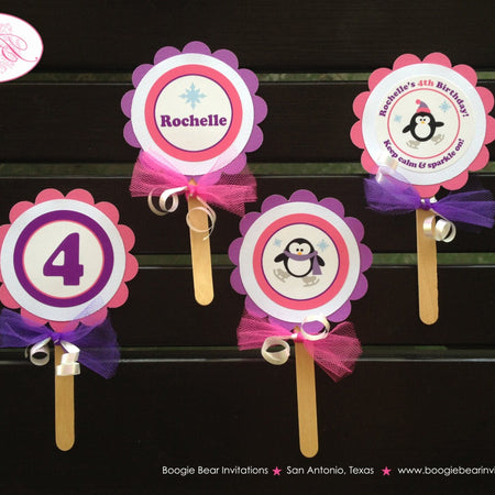 Ice Skating Penguin Cupcake Toppers Birthday Party Winter Christmas Skate Rink Snowing Pink Purple Boogie Bear Invitations Rochelle Theme