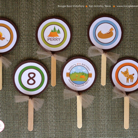 Camping Lake Party Cupcake Toppers Birthday Boy Girl Boating Tent Canoe State Park Forest Woods Campfire Boogie Bear Invitations Perry Theme