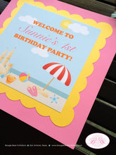 Load image into Gallery viewer, Retro Beach Birthday Party Door Banner Ocean Sandcastle Pool Girl Pink Swimming Island Summer Ball Swim Boogie Bear Invitations Sunnie Theme