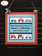 Load image into Gallery viewer, Cars Trucks Birthday Party Door Banner Red Blue Black White Traffic Modern Metro Toy Boy Girl Travel Trip Boogie Bear Invitations Sam Theme