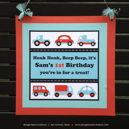 Cars Trucks Birthday Party Door Banner Red Blue Black White Traffic Modern Metro Toy Boy Girl Travel Trip Boogie Bear Invitations Sam Theme
