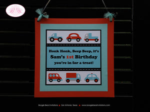 Cars Trucks Birthday Party Door Banner Red Blue Black White Traffic Modern Metro Toy Boy Girl Travel Trip Boogie Bear Invitations Sam Theme
