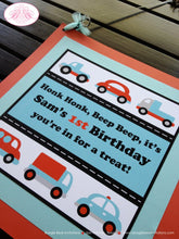 Load image into Gallery viewer, Cars Trucks Birthday Party Door Banner Red Blue Black White Traffic Modern Metro Toy Boy Girl Travel Trip Boogie Bear Invitations Sam Theme