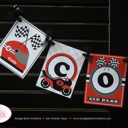 Motorcycle Name Birthday Party Banner Black Red Grey Boy Girl Motocross Enduro Racing Race Track Street Boogie Bear Invitations Cody Theme