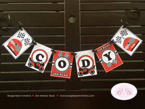 Motorcycle Name Birthday Party Banner Black Red Grey Boy Girl Motocross Enduro Racing Race Track Street Boogie Bear Invitations Cody Theme