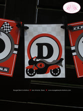 Load image into Gallery viewer, Motorcycle Name Birthday Party Banner Black Red Grey Boy Girl Motocross Enduro Racing Race Track Street Boogie Bear Invitations Cody Theme