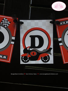 Motorcycle Name Birthday Party Banner Black Red Grey Boy Girl Motocross Enduro Racing Race Track Street Boogie Bear Invitations Cody Theme