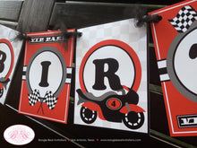 Load image into Gallery viewer, Motorcycle Name Birthday Party Banner Black Red Grey Boy Girl Motocross Enduro Racing Race Track Street Boogie Bear Invitations Cody Theme