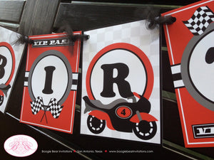 Motorcycle Name Birthday Party Banner Black Red Grey Boy Girl Motocross Enduro Racing Race Track Street Boogie Bear Invitations Cody Theme