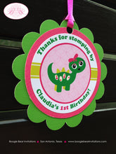 Load image into Gallery viewer, Pink Dinosaur Birthday Party Favor Tags Green Lime Stomp Dino Twin Girl Ribbon Bow Prehistoric Dino Boogie Bear Invitations Claudia Theme
