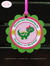 Load image into Gallery viewer, Pink Dinosaur Birthday Party Favor Tags Green Lime Stomp Dino Twin Girl Ribbon Bow Prehistoric Dino Boogie Bear Invitations Claudia Theme