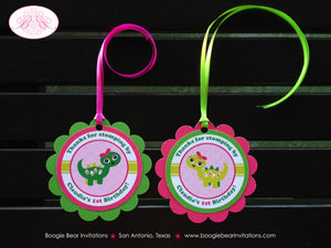 Pink Dinosaur Birthday Party Favor Tags Green Lime Stomp Dino Twin Girl Ribbon Bow Prehistoric Dino Boogie Bear Invitations Claudia Theme