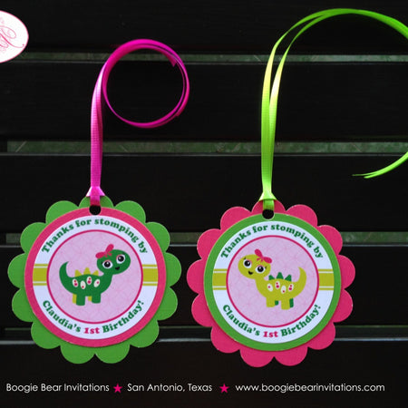 Pink Dinosaur Birthday Party Favor Tags Green Lime Stomp Dino Twin Girl Ribbon Bow Prehistoric Dino Boogie Bear Invitations Claudia Theme