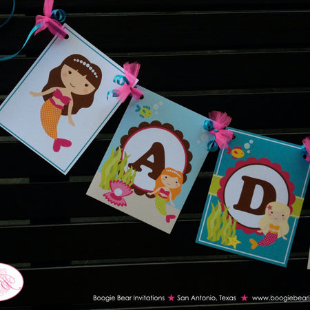 Mermaid Swimming Birthday Name Banner Party Girl Pink Pool Swim Under Sea Tropical Fish Splash Ocean Boogie Bear Invitations Adella Theme