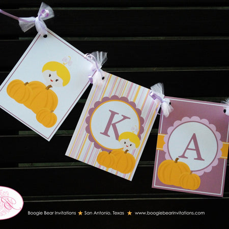 Little Purple Pumpkin Party Banner Birthday Lavender Orange Pink Farm Fall Barn Country Kid Girl Harvest Boogie Bear Invitations Kayla Theme