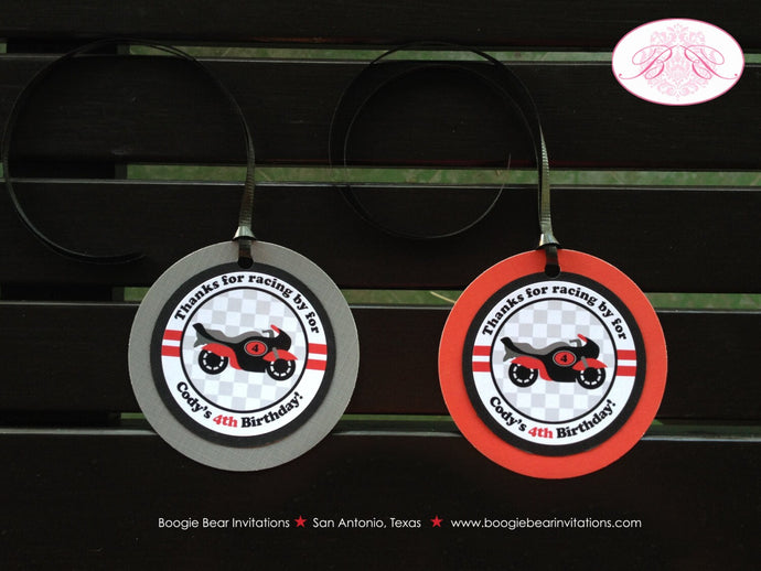 Red Motorcycle Birthday Party Favor Tags Gift Racing Black Enduro Motocross Racing Race Track Boy Girl Boogie Bear Invitations Cody Theme