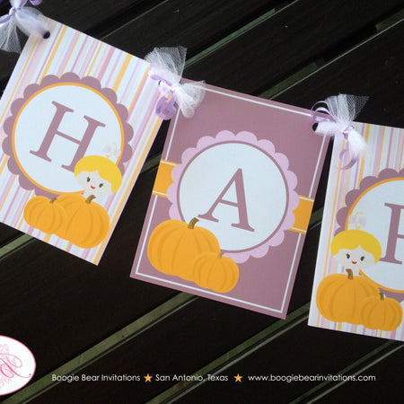 Little Pumpkin Birthday Party Banner Girl Fall Farm Harvest Autumn Lavender Purple Pink Orange Bow 1st Boogie Bear Invitations Kayla Theme