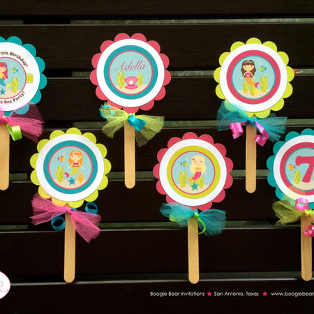 Mermaid Birthday Party Cupcake Toppers Fishes Sun Pool Pink Swimming Splash Under The Sea Fish Ocean Boogie Bear Invitations Adella Theme