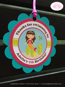 Mermaid Birthday Party Favor Tags Treat Bag Beach Ocean Girl Pink Blue Swim Swimming Pool Splash Bash Boogie Bear Invitations Adella Theme