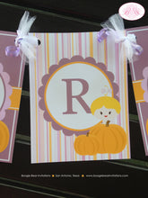 Load image into Gallery viewer, Little Pumpkin Birthday Party Banner Girl Fall Farm Harvest Autumn Lavender Purple Pink Orange Bow 1st Boogie Bear Invitations Kayla Theme