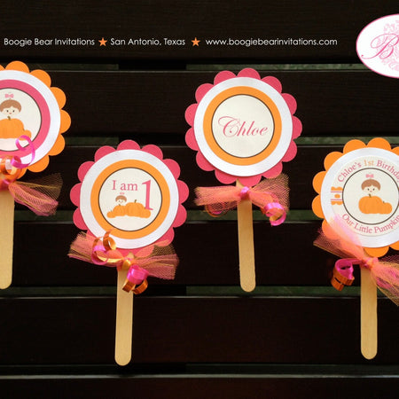 Little Pink Pumpkin Party Cupcake Toppers Set Birthday Fall Harvest Orange Farm Country Harvest Girl 1st Boogie Bear Invitations Chloe Theme
