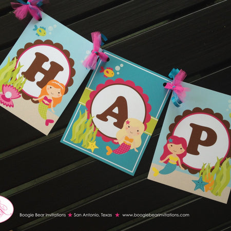 Mermaid Happy Birthday Party Banner Pool Pink Ocean Swimming Swim Girl Fish Splash Bash Under the Sea Boogie Bear Invitations Adella Theme