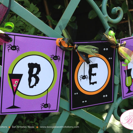 Halloween Cocktails Holiday Party Banner Haunted Spooky Pink Spiders Green Purple Black Drink 1st Boogie Bear Invitations Spellman Theme
