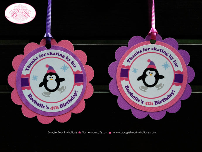 Ice Skating Penguin Birthday Favor Tags Party Girl Winter Skate Rink Christmas Snowflake Purple Pink Boogie Bear Invitations Rochelle Theme