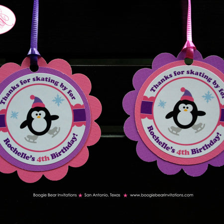 Ice Skating Penguin Birthday Favor Tags Party Girl Winter Skate Rink Christmas Snowflake Purple Pink Boogie Bear Invitations Rochelle Theme
