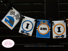 Load image into Gallery viewer, Race Car Highchair I am 1 Banner Birthday Boy Girl Orange Blue Track Driver Grand Prix Racing Race Track Boogie Bear Invitations Scott Theme