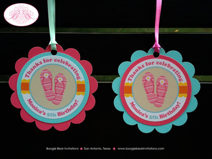 Flip Flop Birthday Party Pool Favor Tags Beach Swimming Girl Pink Blue Swim Pool Summer Island Splash Boogie Bear Invitations Monica Theme