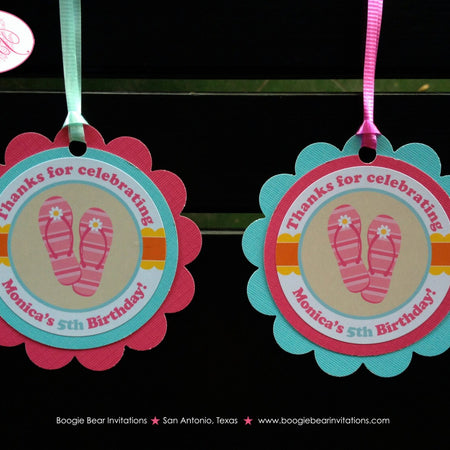 Flip Flop Birthday Party Pool Favor Tags Beach Swimming Girl Pink Blue Swim Pool Summer Island Splash Boogie Bear Invitations Monica Theme