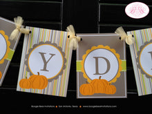 Load image into Gallery viewer, Fall Pumpkin Birthday Party Banner Name Farm Harvest Rustic Country Ranch Hay Bale Autumn Stripe Orange Boogie Bear Invitations Hayden Theme