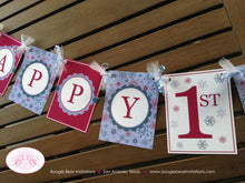 Load image into Gallery viewer, Snowflake Happy Birthday Party Banner Winter Girl Lavender Purple Pink 1st 2nd 3rd 4th 5th 6th 7th Boogie Bear Invitations Marlena Theme